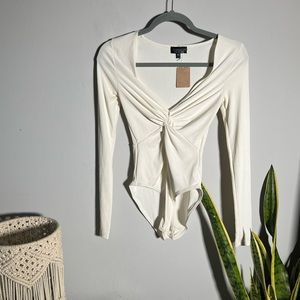 Topshop Cream Ribbed Long Sleeve Twist Bodysuit